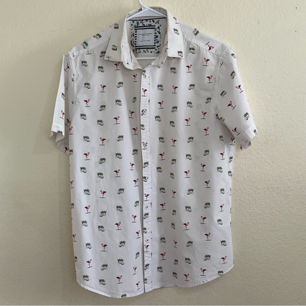 Denim & Flower Ricky Singh Short Sleeve Button Up White Flamingo Shirt Size L